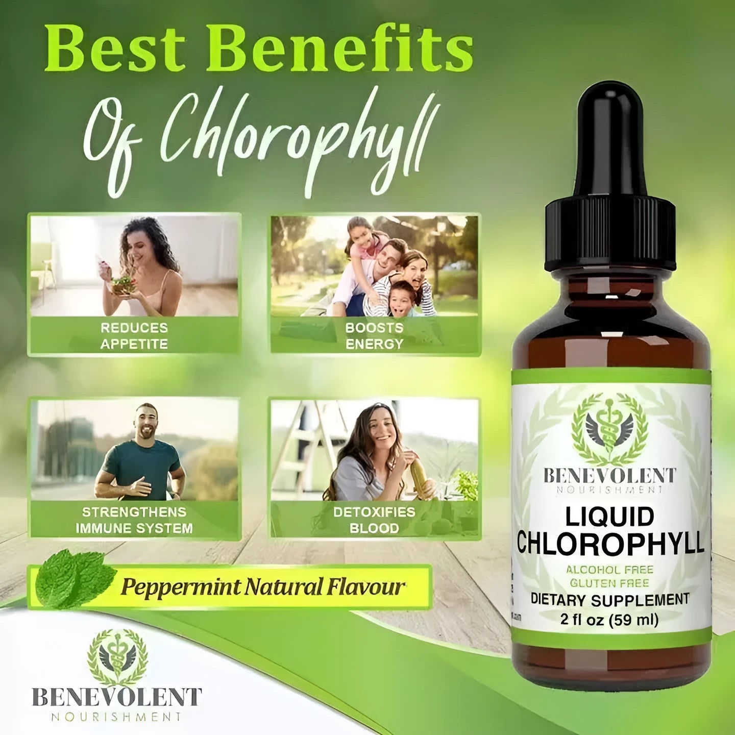 60ml glass bottle of chlorophyll liquid drops with a dropper for dietary supplementation.
