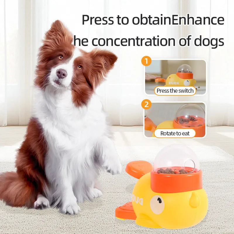 Yellow plastic dog puzzle feeder with cartoon duck design, battery-free interactive treat dispenser