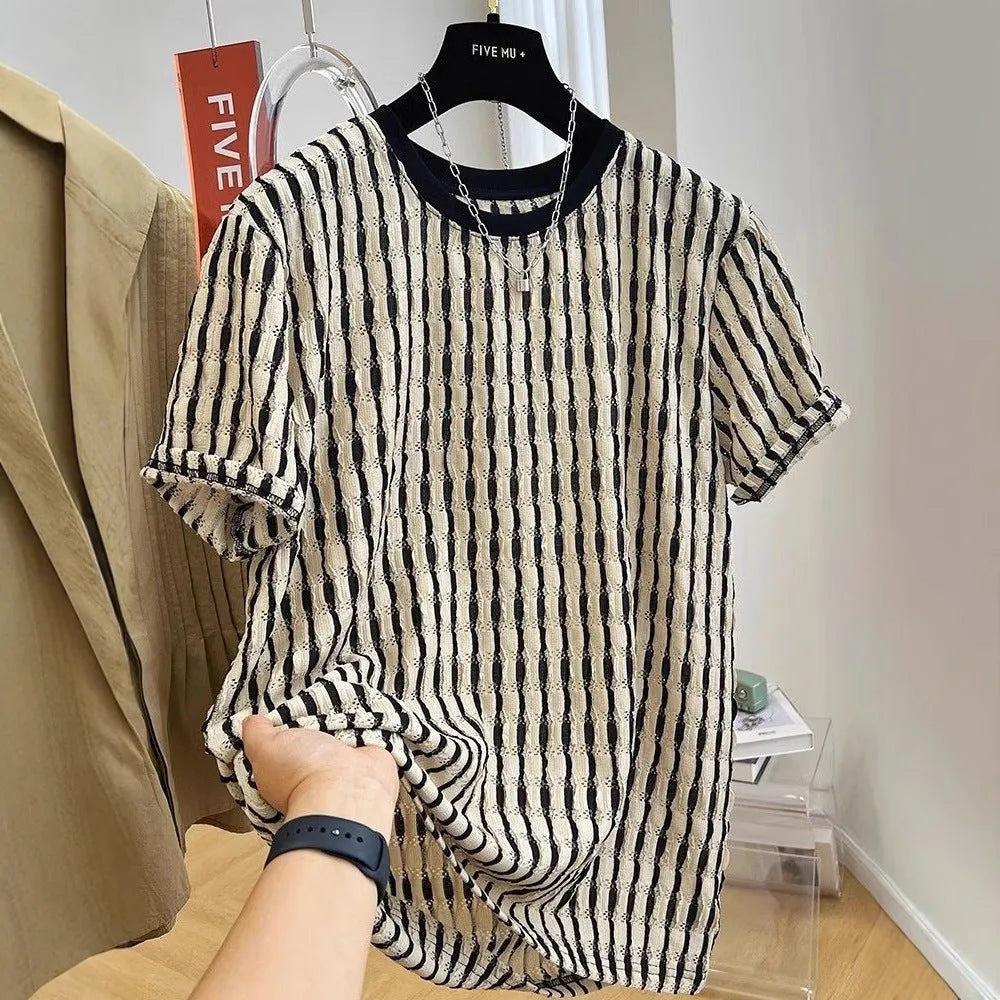 Men's black striped loose short sleeve top in silk and linen blend fabric