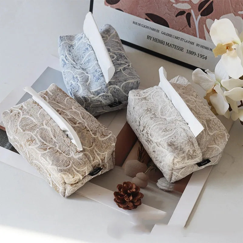 Chinese style floral tissue box with cotton fabric in beige, blue, or brown rose patterns