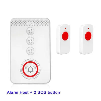 White one-click voice emergency alert device with a buzzer and three remote panic buttons.