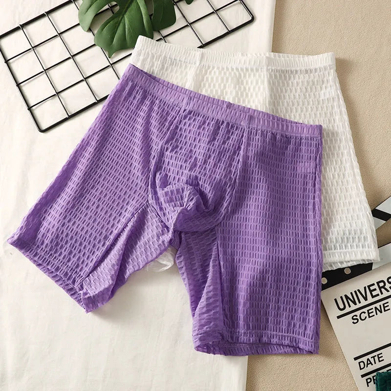 Men's lace boxer shorts with lengthened hip lifting design in solid colours