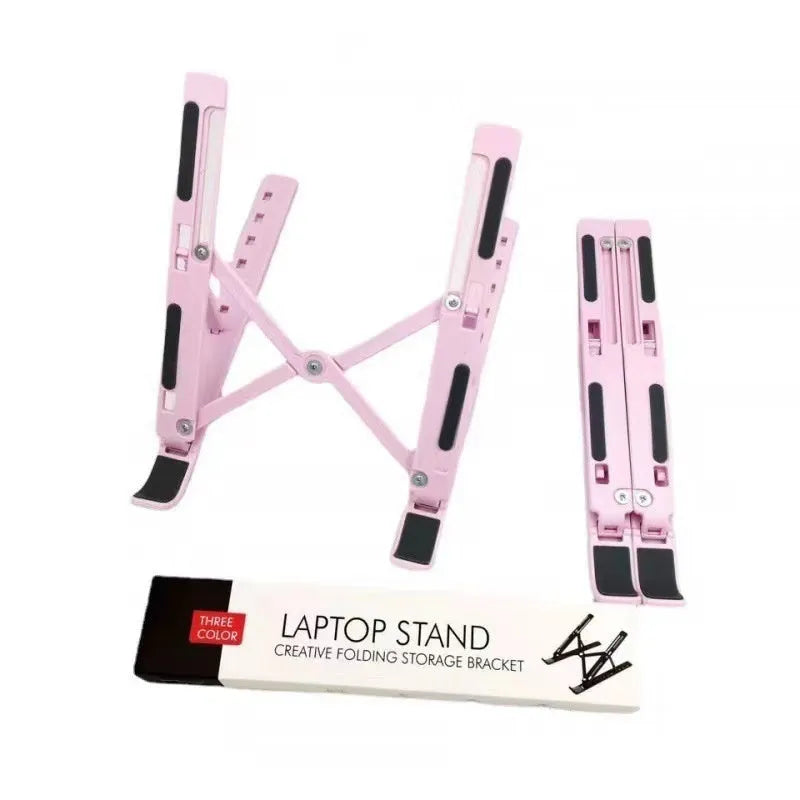 Silver aluminium folding laptop stand shown open and closed next to a laptop