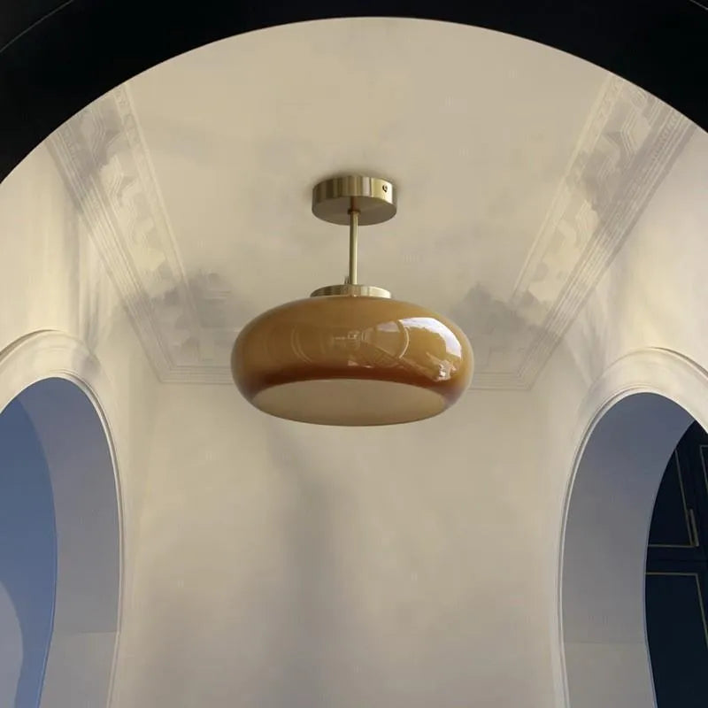 Bauhaus style three-headed pendant light with milk white egg tart glass shades