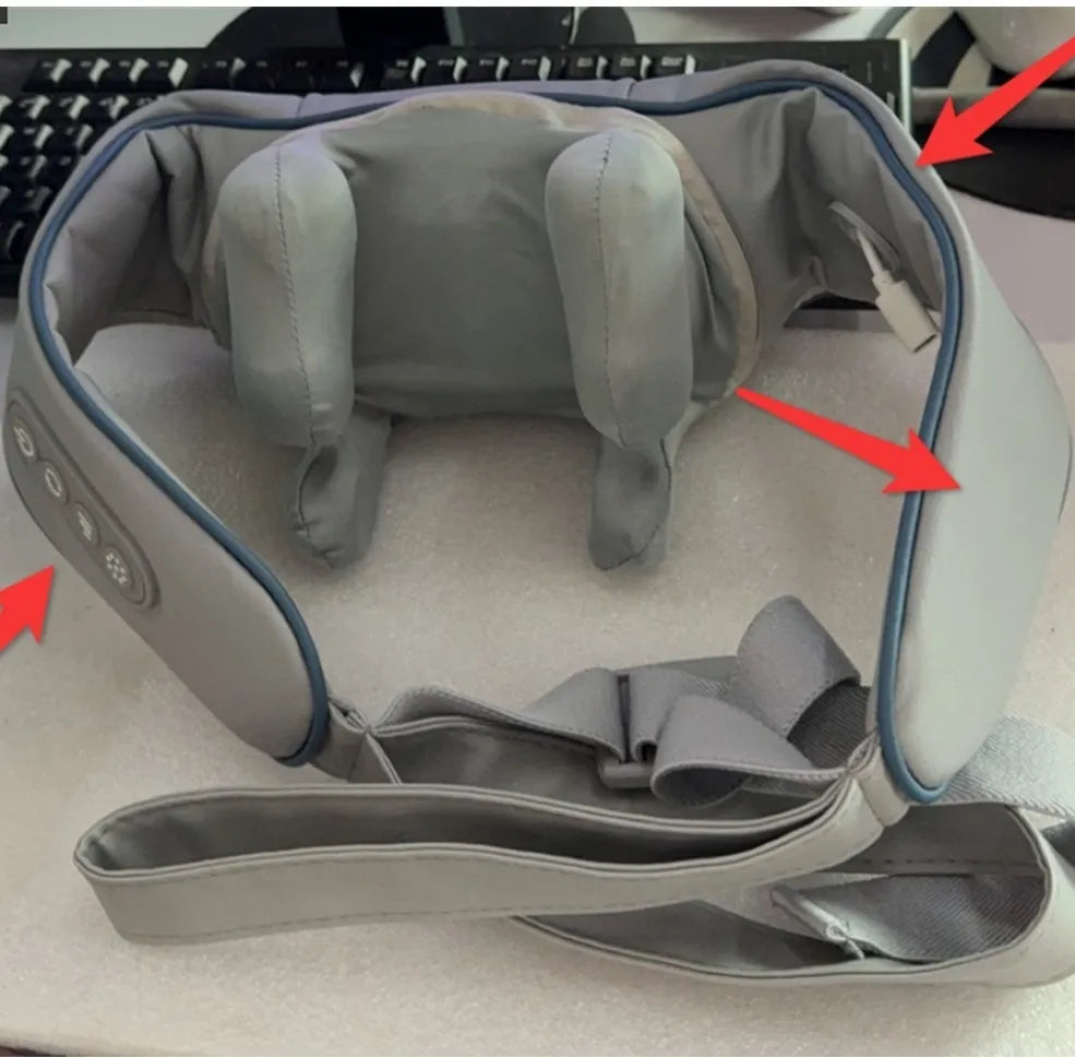 Grey elastic fabric neck and back massager with infrared physiotherapy function and USB charging port