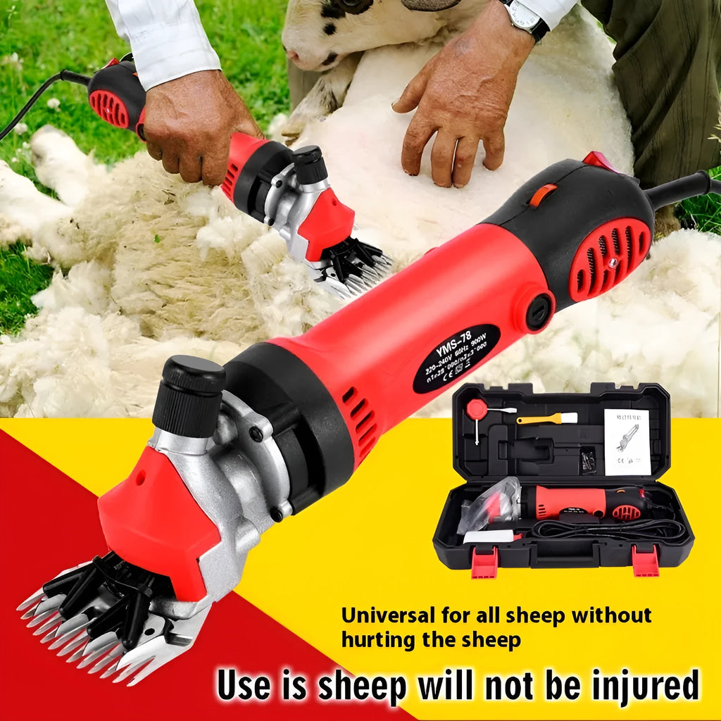 Yellow electric wool shearing machine with 110V plug and multiple blade attachments in plastic storage case