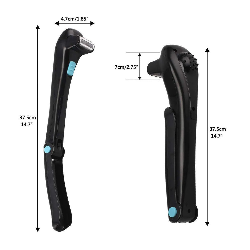 Black folding handle electric body shaver on a white background.
