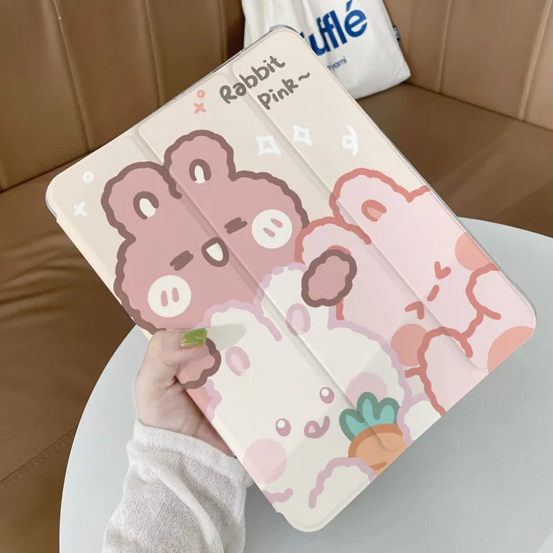 Rabbit cartoon design tri-fold silicone protective case for iPad tablets showing stand function