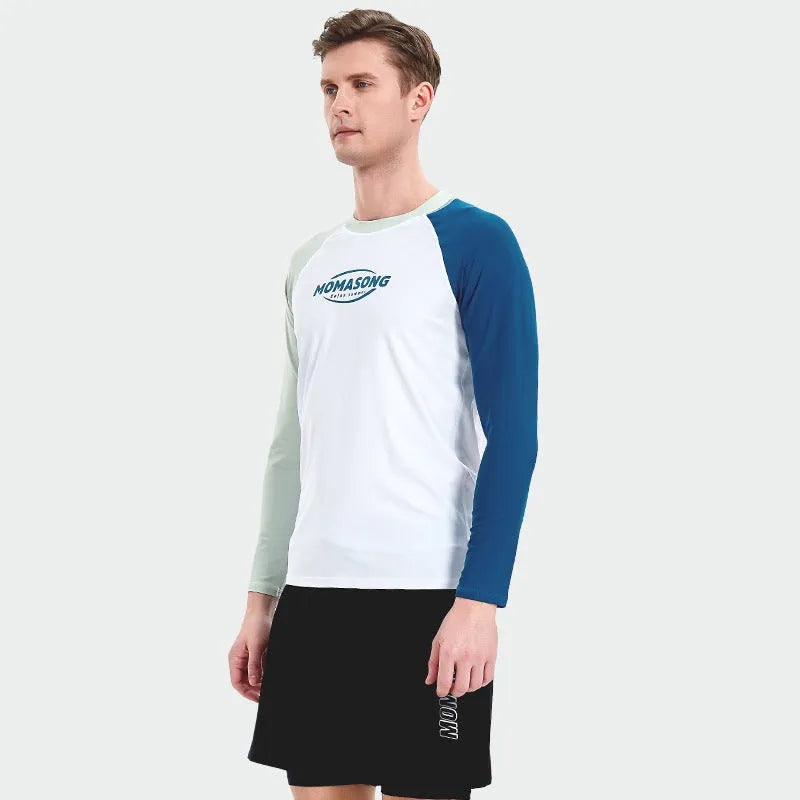 Men's white long sleeve swim top with matching colour-blocked swimming trousers