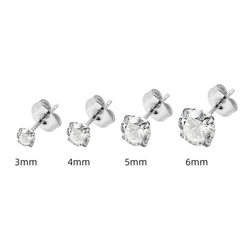 Square geometric stud earrings with a round zircon stone in stainless steel, shown in gold tone and steel colour finishes.