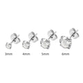 Square geometric stud earrings with a round zircon stone in stainless steel, shown in gold tone and steel colour finishes.