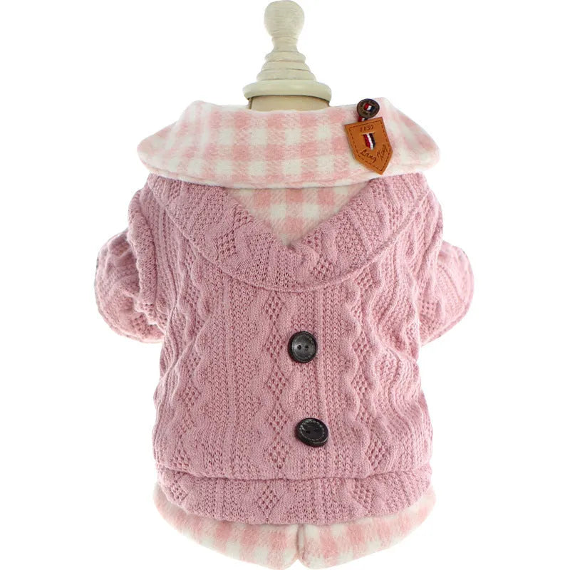 Blue wool plaid dog sweater with fake two pieces design and fleece lining