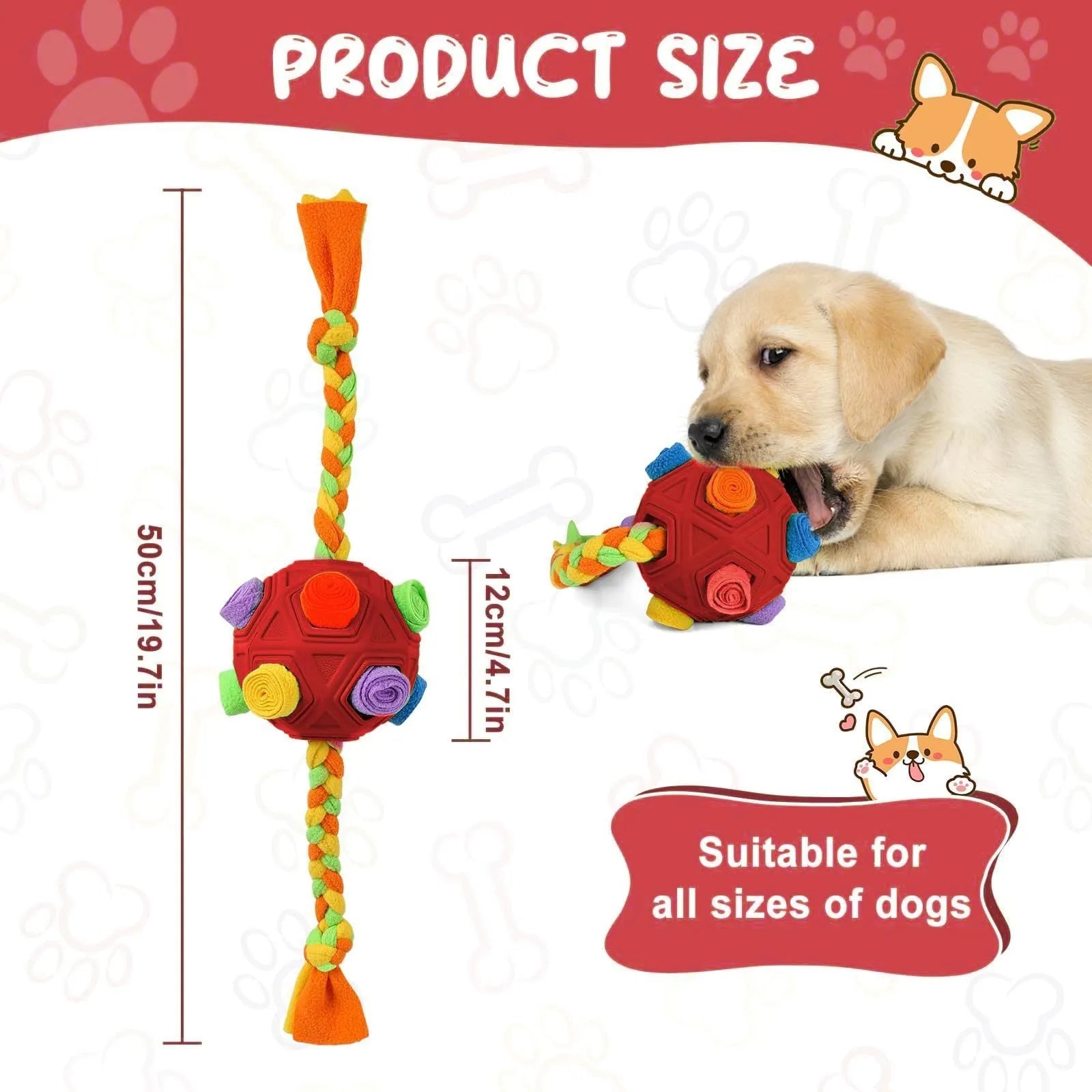 Blue thermoplastic rubber dog sniffing ball puzzle toy for IQ training and treat dispensing on a white background.