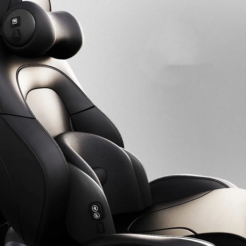 Car electric massage cushion in memory cotton shown as a headrest and lumbar support in grey colour