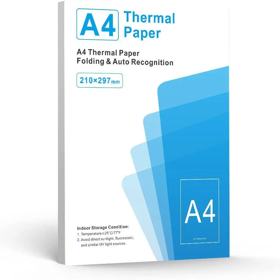 Pack of white A4 quick-drying thermal paper for portable printers, showing sheet size and packaging.