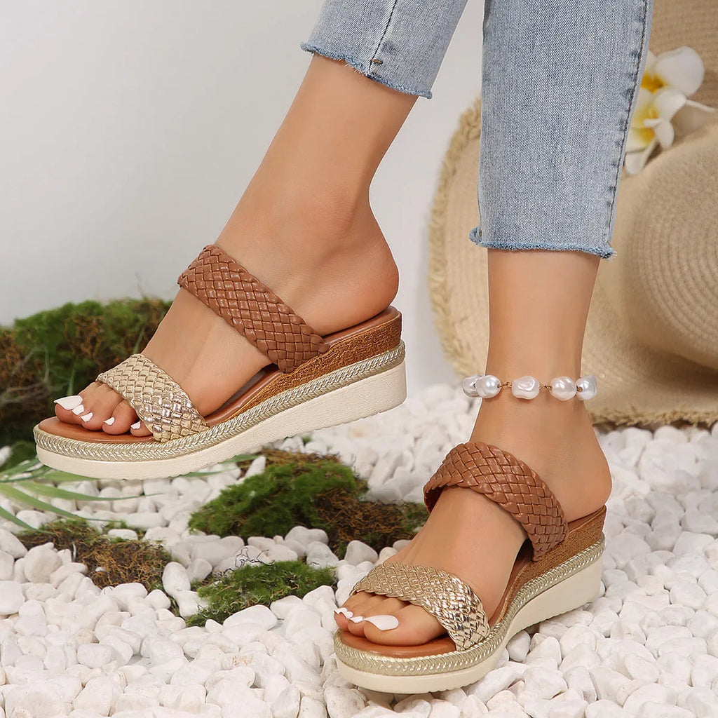 Women's gold wedge sandals with adjustable ankle strap showing PU leather construction and rubber sole