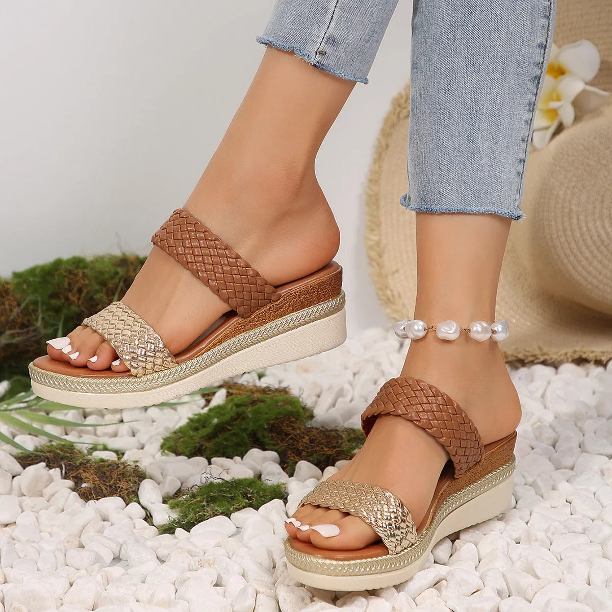 Women's gold wedge sandals with adjustable ankle strap showing PU leather construction and rubber sole