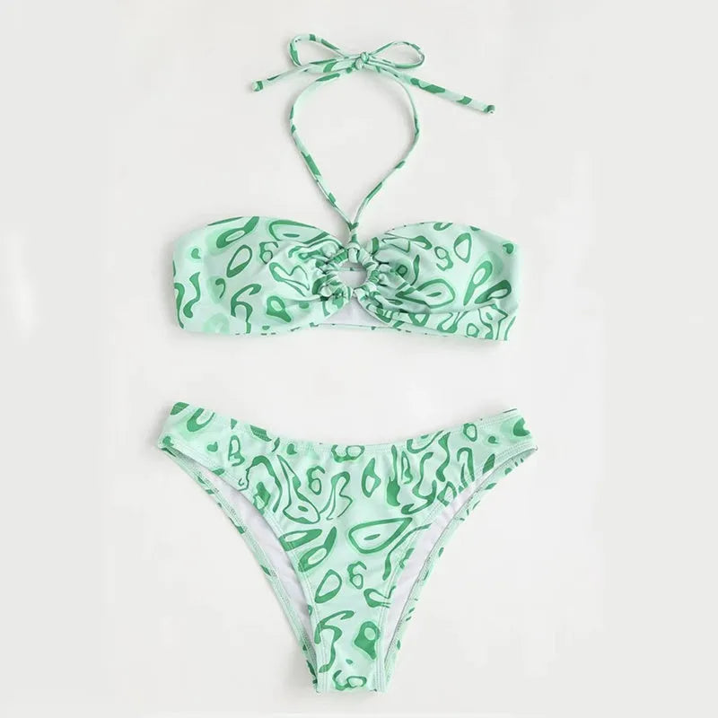 Blue floral bandeau bikini with split design and matching briefs