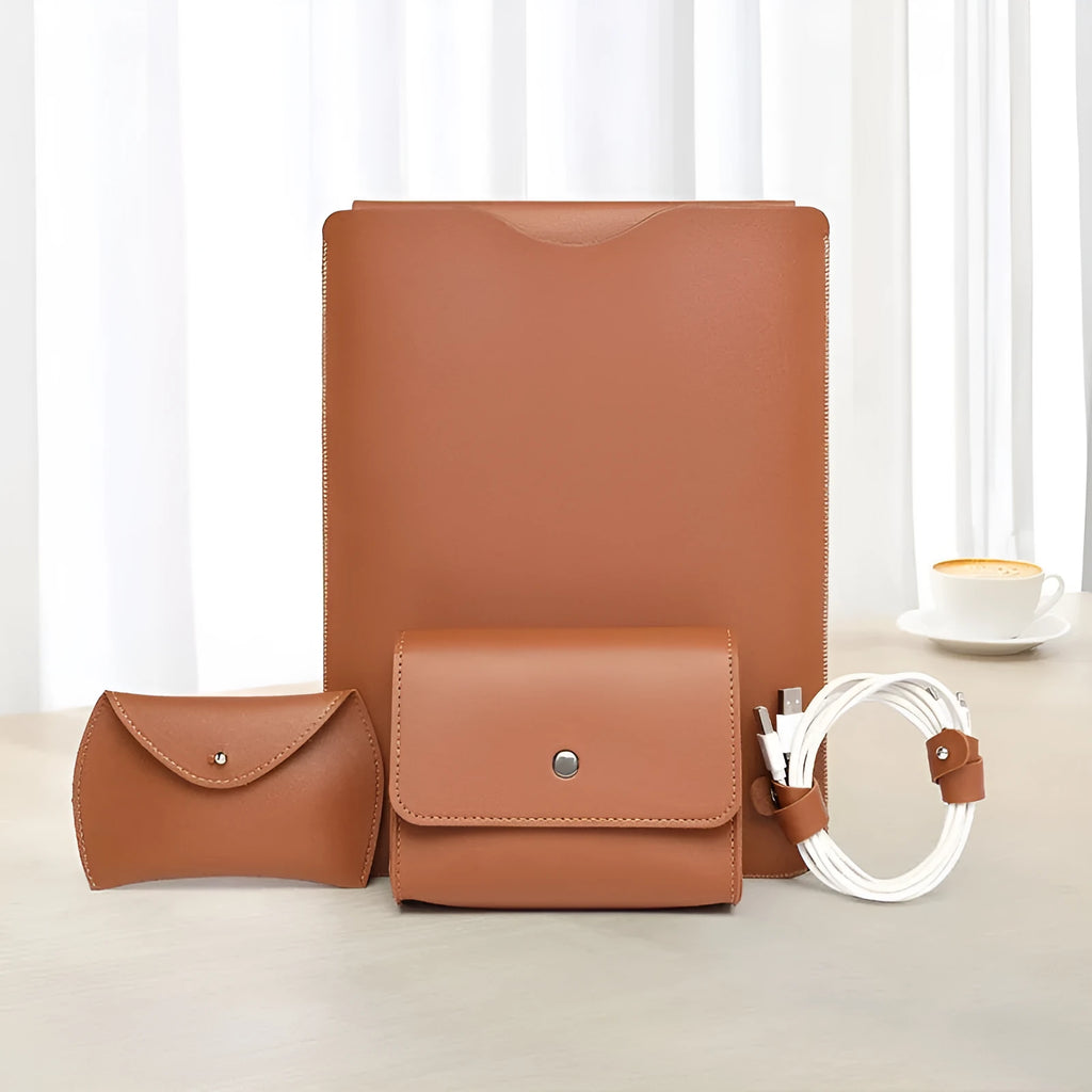 Four piece set of imitation leather lock edge notebook liners in brown grey apricot and pink for laptops