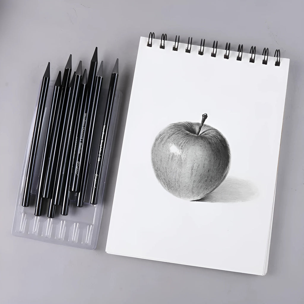 Set of nine wooden drawing pencils with six graphite and three carbonized pencils on suction card packaging