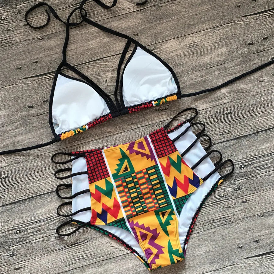 Women's digital print bikini with high-waist briefs and backless top design