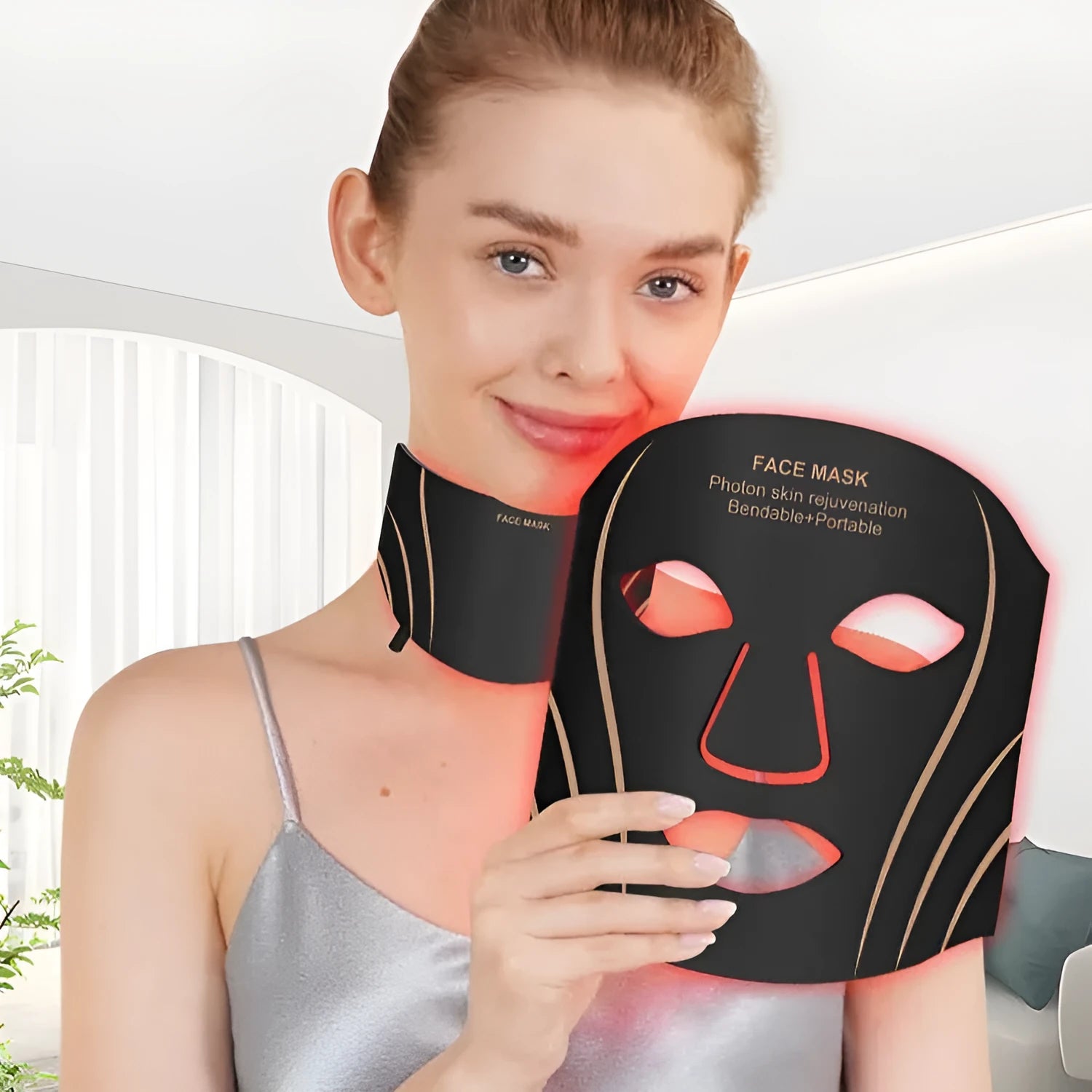 Black gold IPL phototherapy facial mask with silicone headband and touch screen control panel