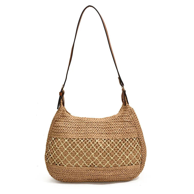 Women's casual soft straw cross body bag in khaki beige with horizontal square shape and sandwich pocket