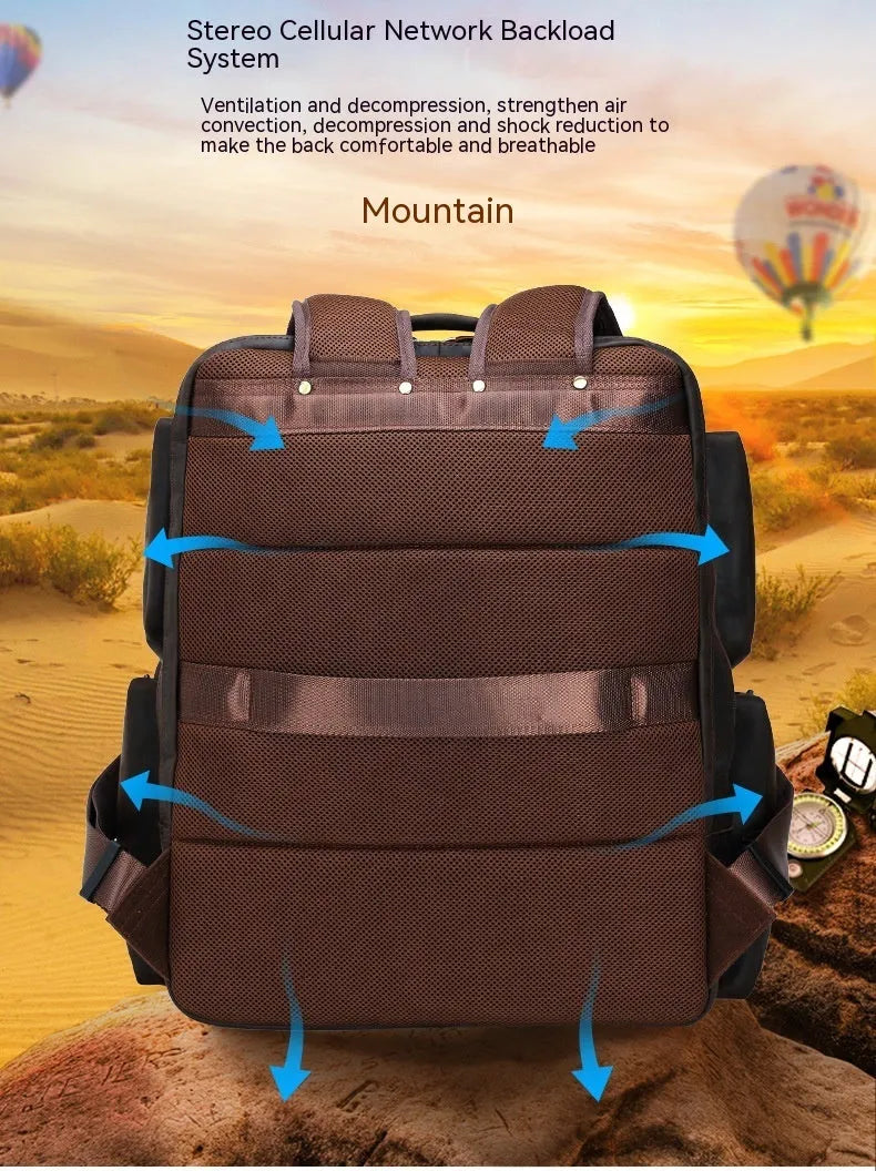 Dark brown retro genuine leather backpack for men with a 17-inch laptop compartment.