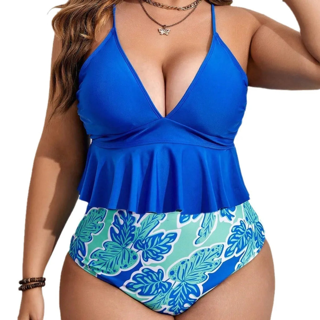 Blue women's polyester bikini set with briefs, sizes 0XL to 4XL