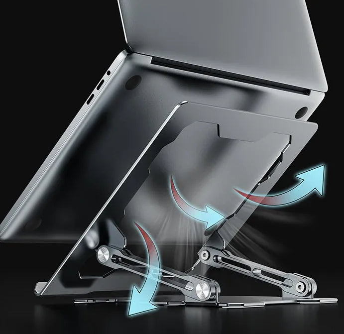 Grey aluminum laptop stand with adjustable angle and hollow heat dissipation design