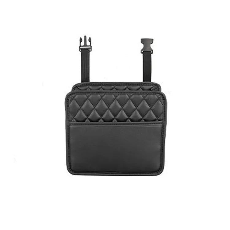 Black leather hanging car storage bag mounted on car headrest showing 25cm dimensions