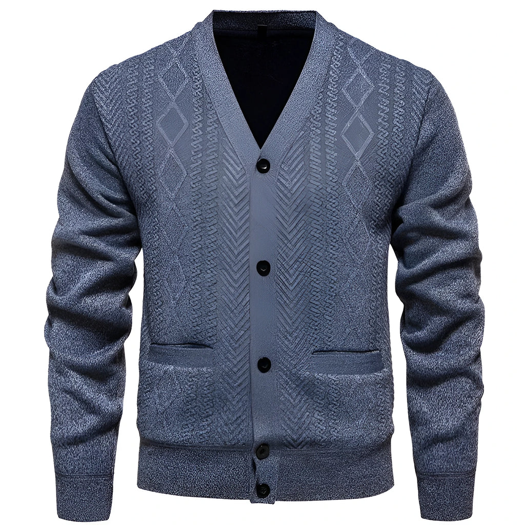Men's striped knit cardigan in brown with wool lining, shown buttoned.