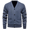 Men's striped knit cardigan in brown with wool lining, shown buttoned.