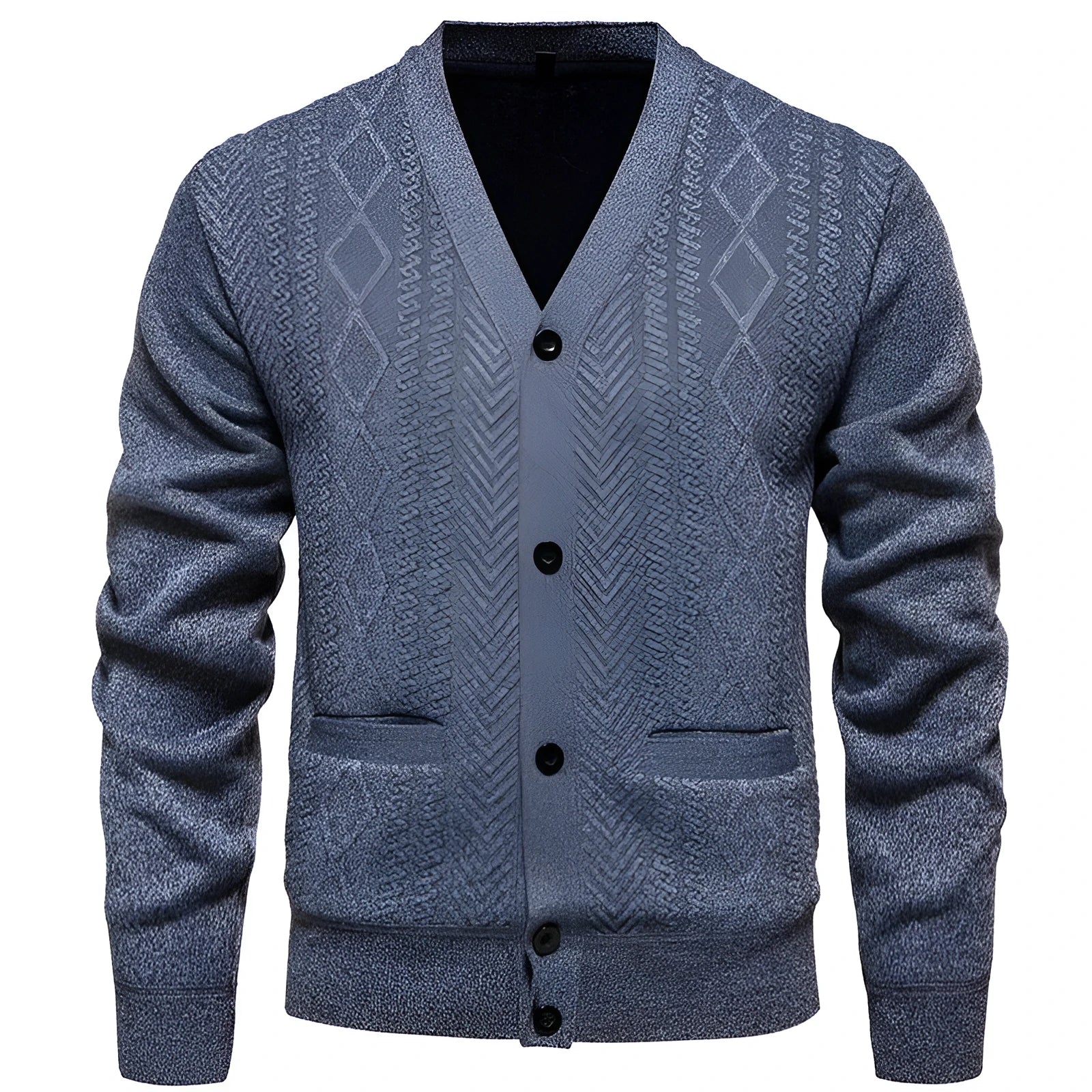 Men's striped knit cardigan in brown with wool lining, shown buttoned.