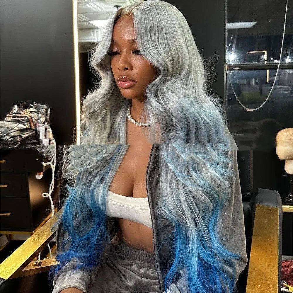 Grey blue gradient colour lace front human hair wig with 4x4 specifications and natural-looking hairline