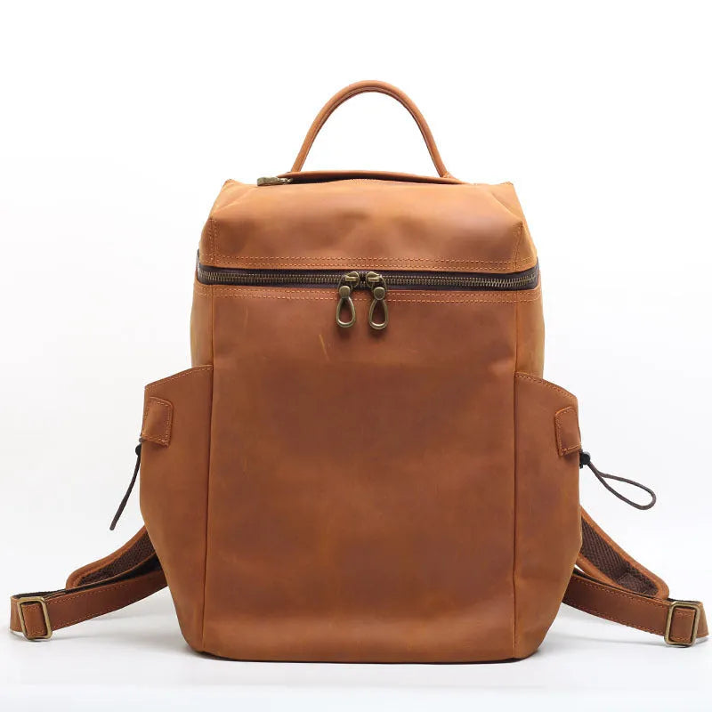Classic retro Crazy Horse leather backpack in black with anti-theft multi-compartment design