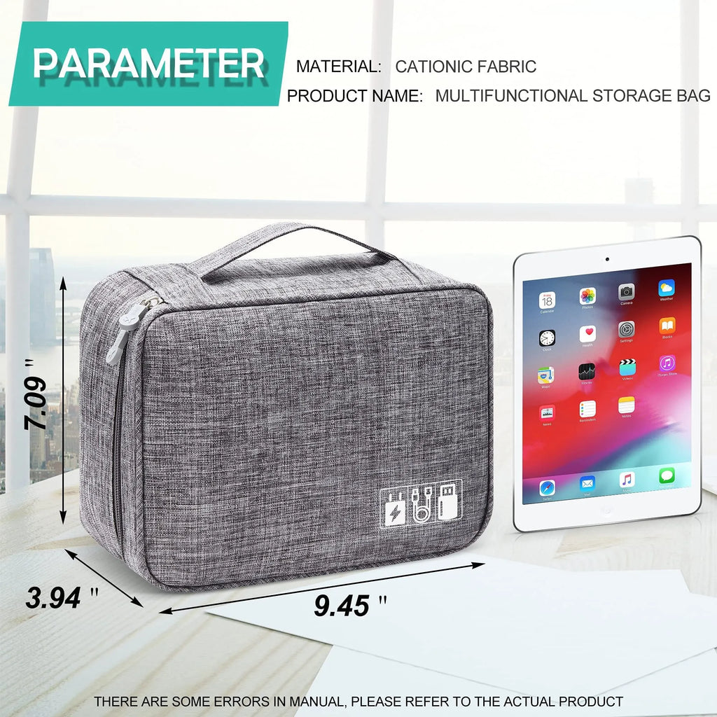 Black waterproof electronics organiser bag open to show mesh pockets, elastic loops and removable padded dividers inside.