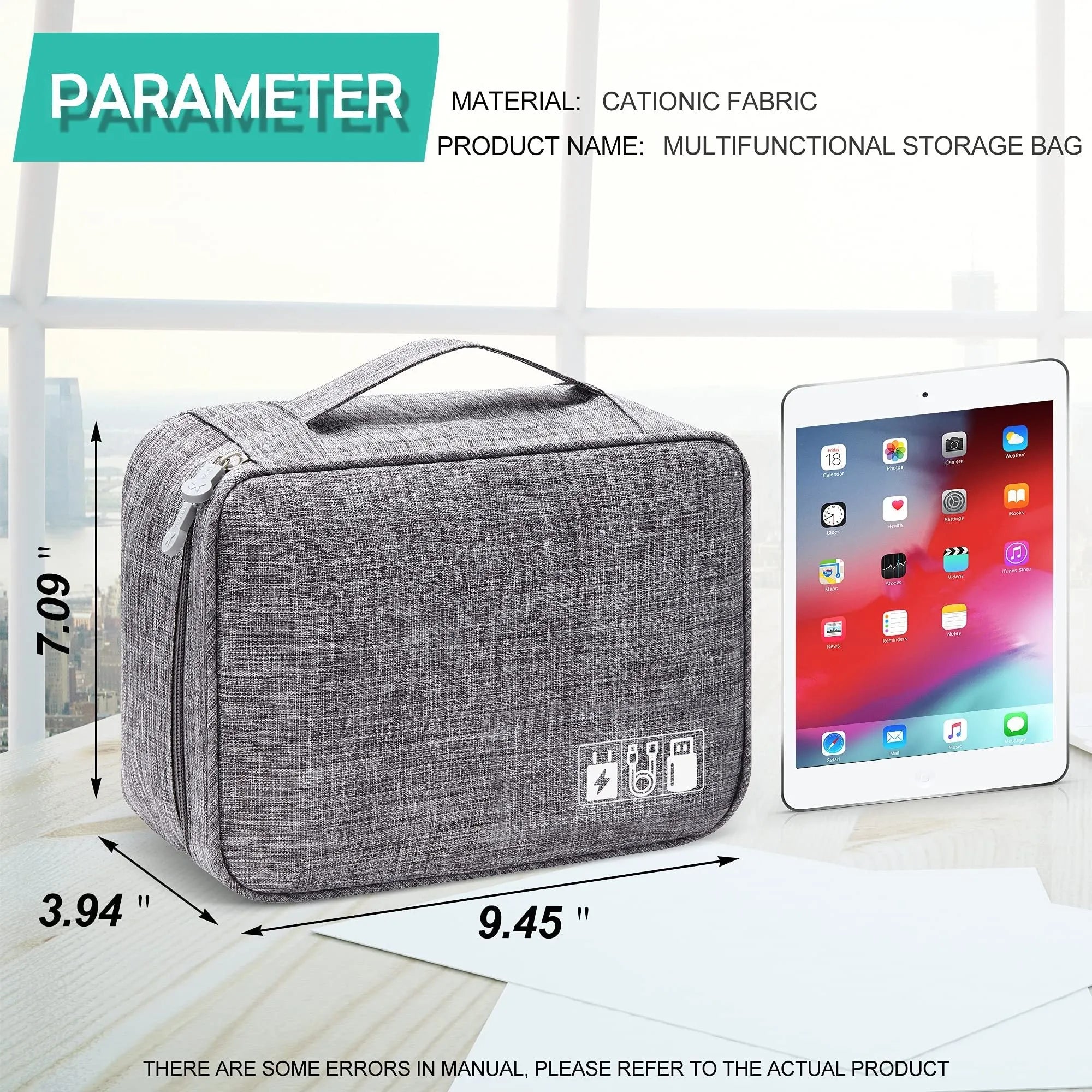 Black waterproof electronics organiser bag open to show mesh pockets, elastic loops and removable padded dividers inside.