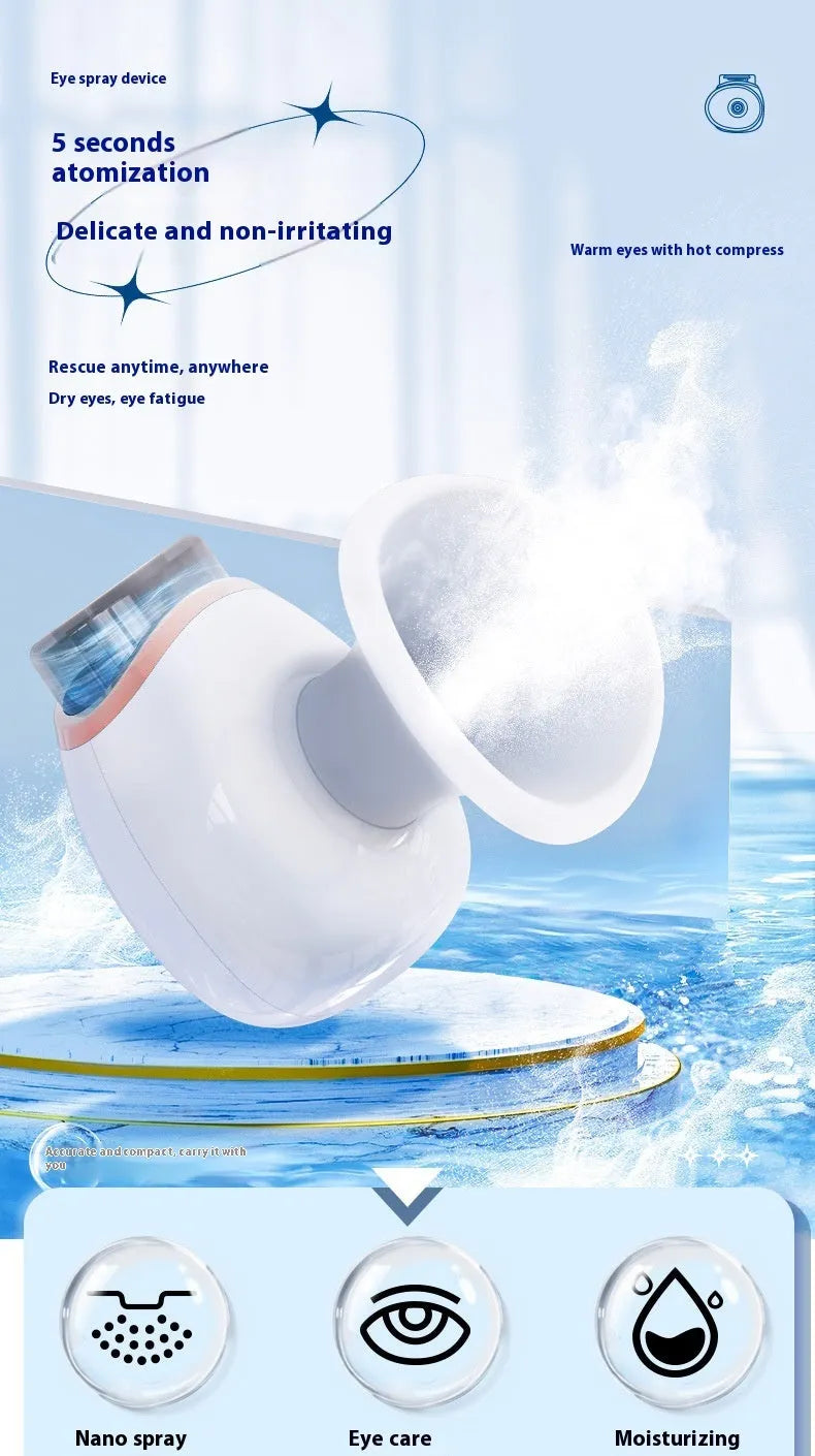 White and purple portable eye humidifier device with USB charging cable on white background