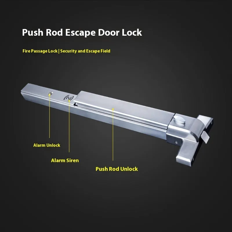 Stainless steel fireproof door push lock with external handle on a baked paint door.