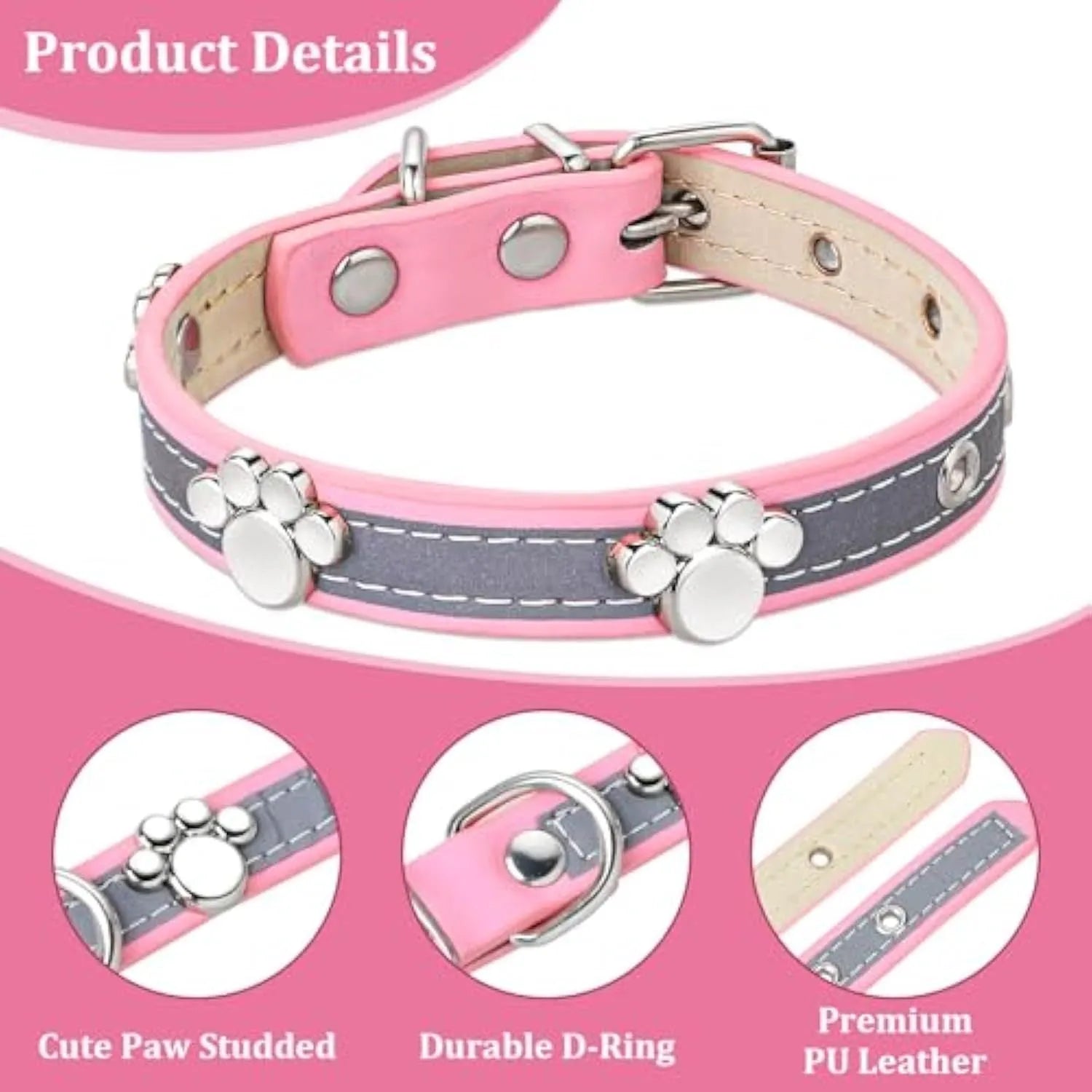 Reflective adjustable PU leather dog collar with paw rivet and metal buckle on a grey background.