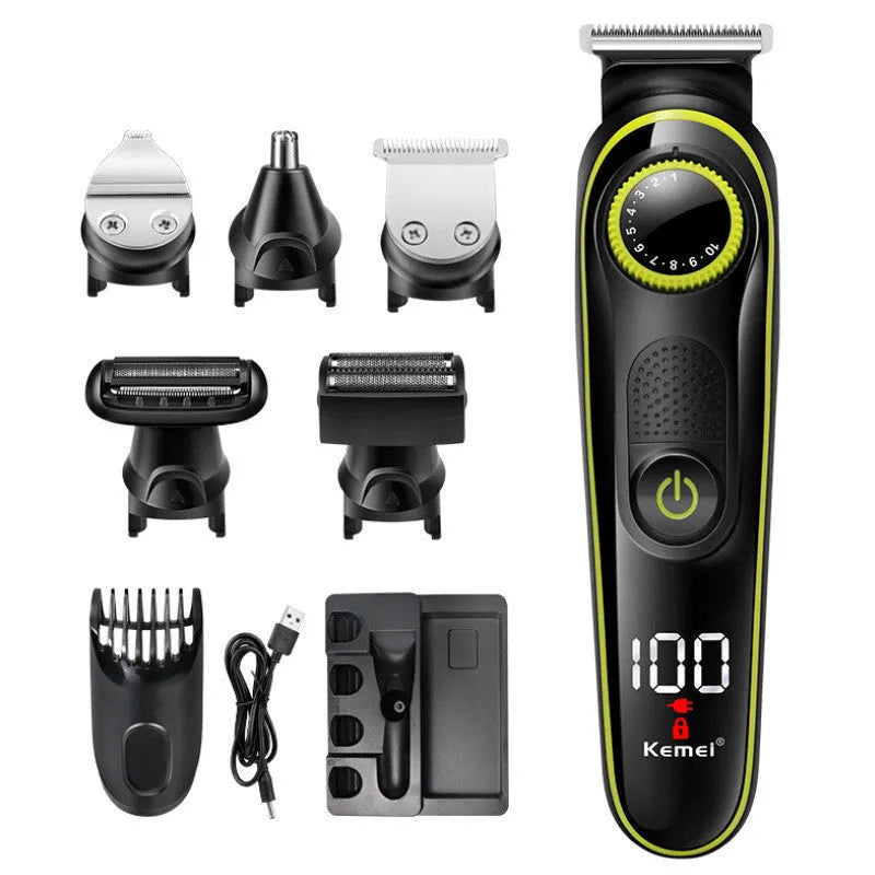 Black KM-696 household electric hair clipper set with USB charging cable and stainless steel blades