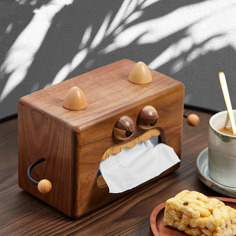 Wooden tissue box with cartoon monster design in walnut beech colour measuring 190x104x125mm