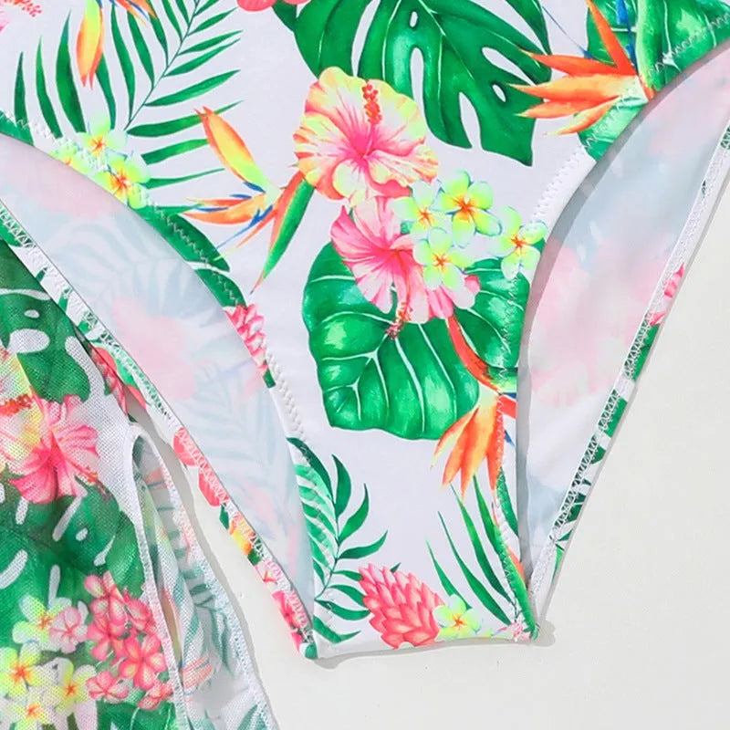 Girls' two-piece swimsuit set with split overclothes in floral print, sizes 130-160cm