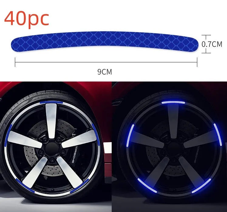 20-piece pack of multicoloured reflective PVC stickers for car and bicycle wheel hubs.