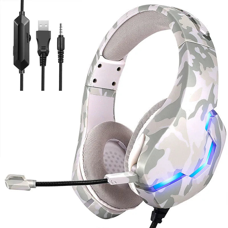Wired gaming headset with cloth earmuffs and camouflage blue or white colour, showing 3.5mm jack and adapter cable