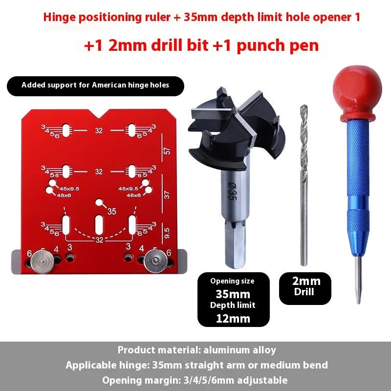 Red aluminium alloy hinge locating tool with adjustable margin settings for 35mm cabinet hinges