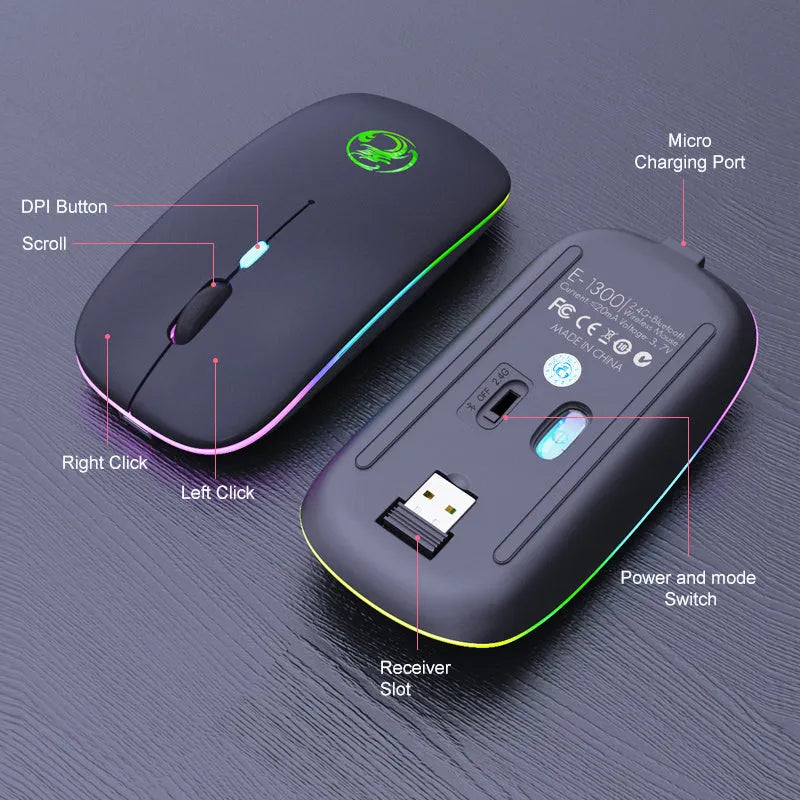 Black or white wireless mouse with dual-mode connectivity and silent clicking buttons