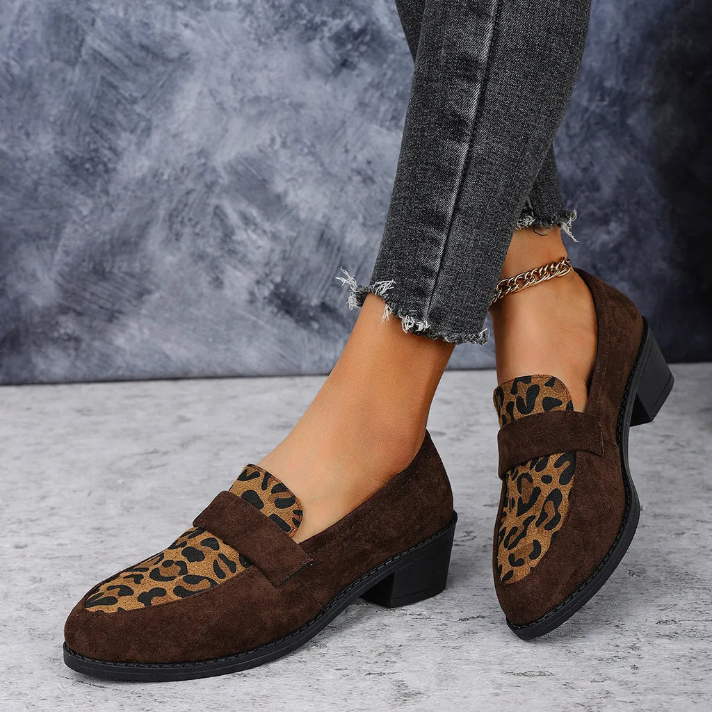 Women's leopard print suede slip-on shoe with chunky heel and pointed toe in pink colour