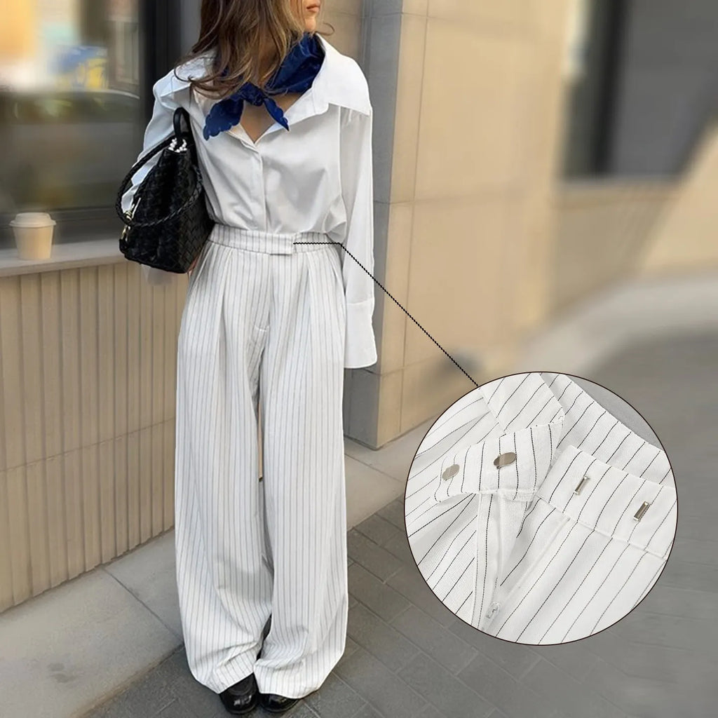 White striped wide-leg loose casual trousers for women with zipper styling